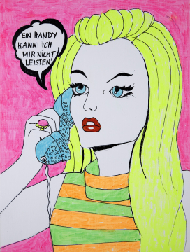 "Ein Handy kann ich mir nicht leisten"  2019 | Pola Polanski 32x24 cm, im Holzrahmen mit Passepartout 40x50 cm Neonfilzstift auf 300g Papier rückseitig signiert