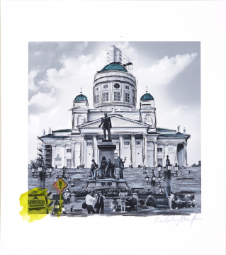 ONE DAY | HELSINKI No23 | Ralf Wehrle und Uwe Frank Mixed Media - Fine - Art - Print mit Kreide ca. 16,5x16,5 cm | gerahmt 30x30 cm mit Passepartout und Holzrahmen  Original | Unikat | signiert