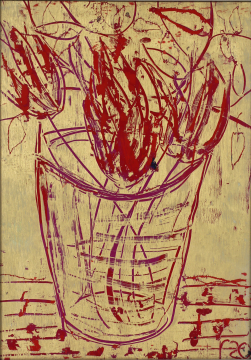 Blumen mit Vase | hinter Glas| Rolant de Beer Mixed Media hinter Glas 21x29,7cm gerahmt Alu-Silber-glänzend