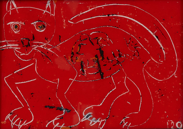 Cat | hinter Glas | Rolant de Beer Mixed Media hinter Glas 21x29,7cm gerahmt Alu-Silber-glänzend