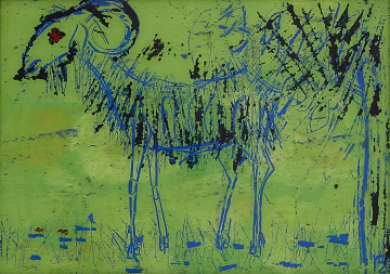 Goat | hinter Glas | Rolant de Beer Mixed Media hinter Glas 21x29,7cm gerahmt Alu-Silber-glänzend