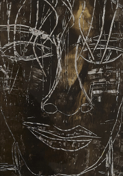 Face No.1| hinter Glas | Rolant de Beer Mixed Media hinter Glas 21x29,7cm gerahmt Alu-Silber-glänzend