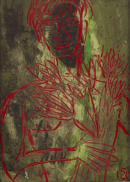 Man with flowers | hinter Glas | Rolant de Beer Mixed Media hinter Glas 21x29,7cm gerahmt Alu-Silber-glänzend