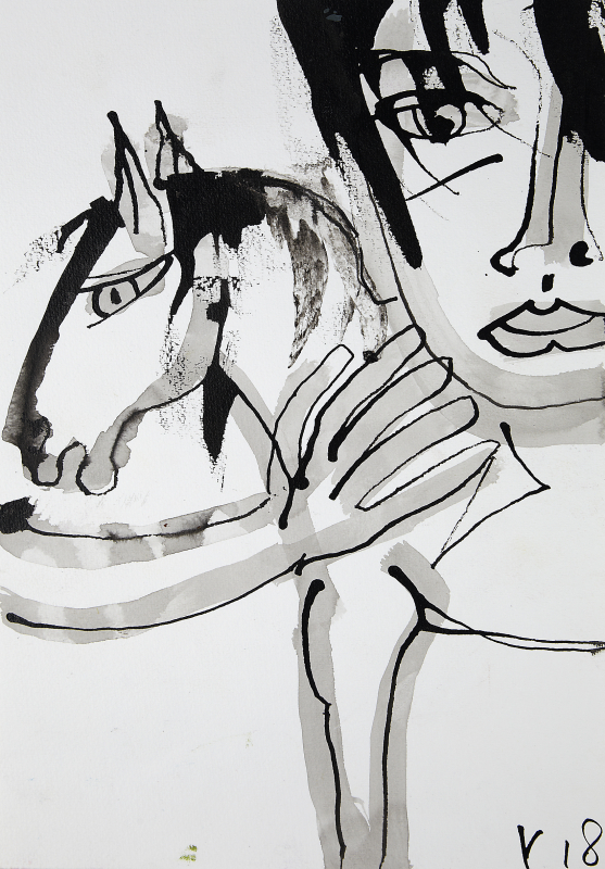 man & horse 2018 | No 8 | Rolant de Beer Aquarell, Tusche auf Papier ca.30x24 cm | Unikat | signiert gerahmt 50x40 cm