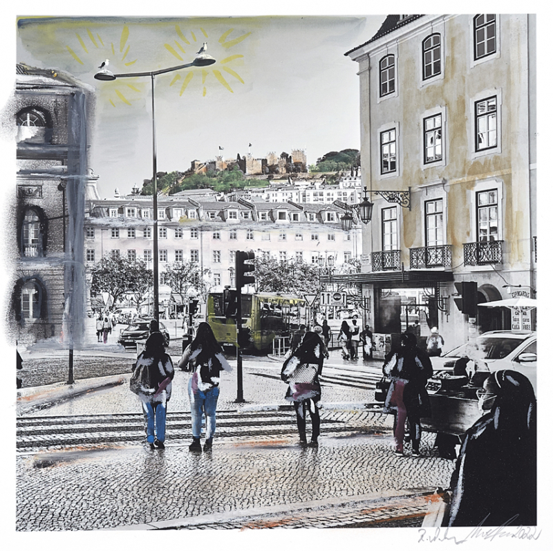 ONE DAY | LISSABON No27 | Ralf Wehrle und Uwe FrankMixed Media - Fine - Art - Print mit Kreide ca. 16,5x16,5 cm | gerahmt 30x30 cm mit Passepartout und schwarzem Holzrahmen  Unikat | signiert