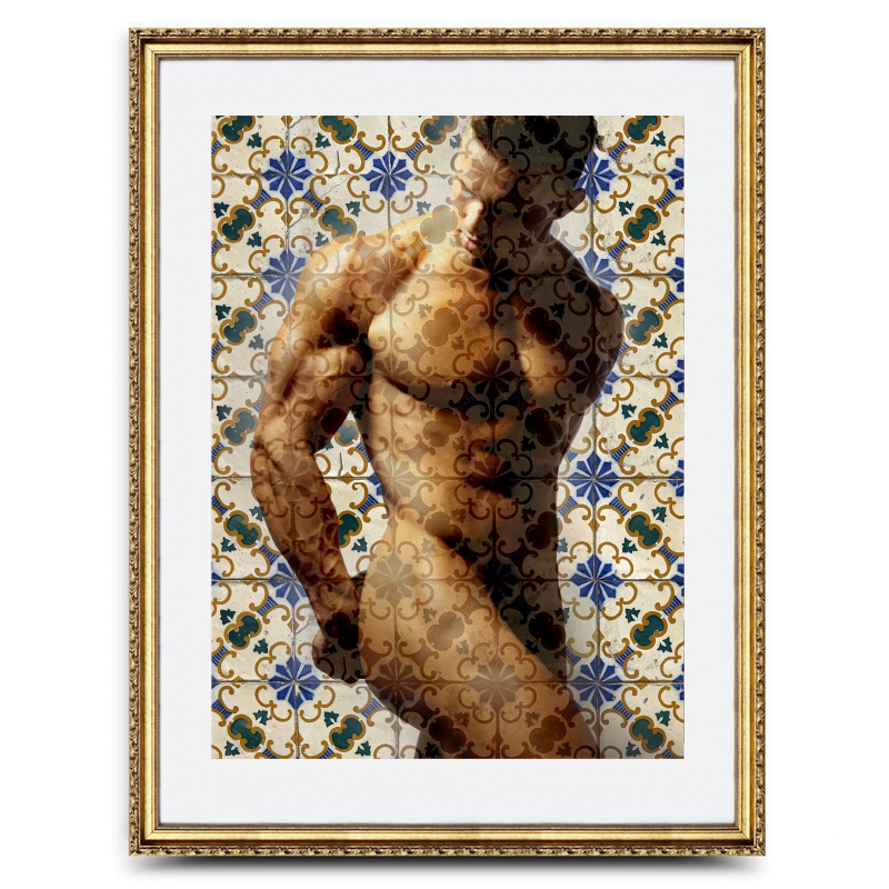 Männer mit Fassade Nr.9 | 2022 | Ralf Wehrle und Uwe Frank Fotografik | ca. DinA 3 | gerahmt DinA2  mit goldfarbenen Holzrahmen und weissem Passepartout limitiert Auflage 12, signiert