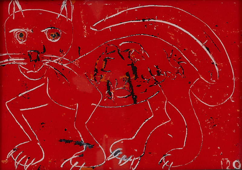 Cat | hinter Glas | Rolant de Beer Mixed Media hinter Glas 21x29,7cm gerahmt Alu-Silber-glänzend