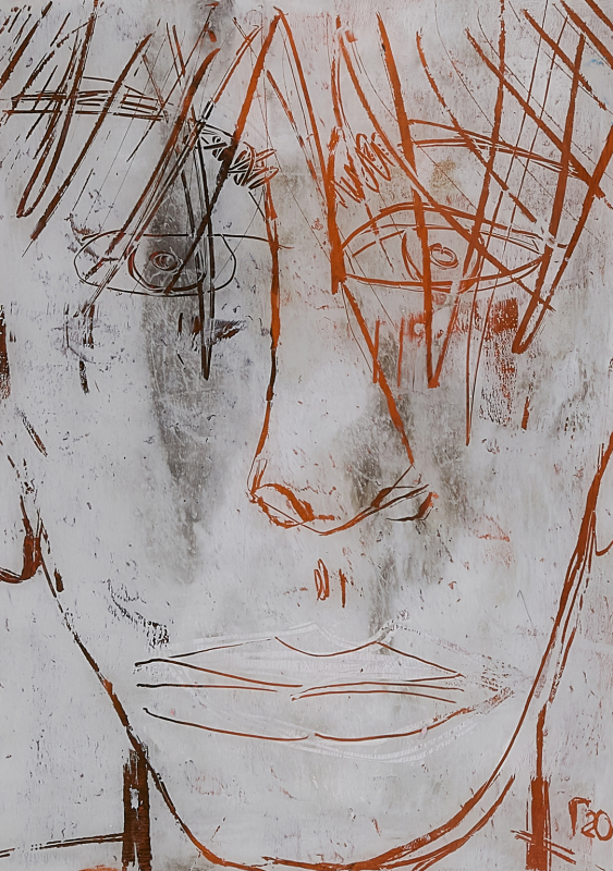 Face No.2| hinter Glas | Rolant de Beer Mixed Media hinter Glas 21x29,7cm gerahmt Alu-Silber-glänzend