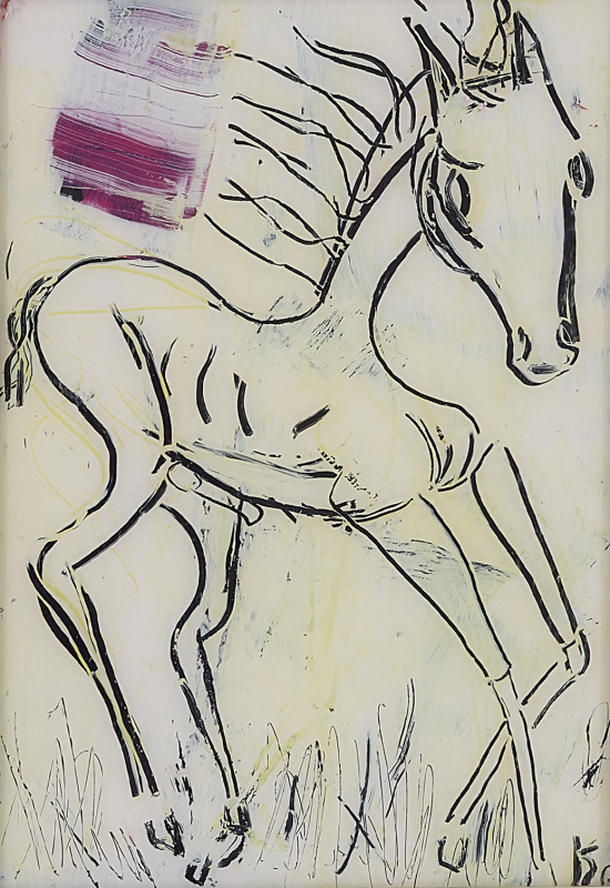 Foal No.2 white | hinter Glas | Rolant de Beer Mixed Media hinter Glas 21x29,7cm gerahmt Alu-Silber-glänzend