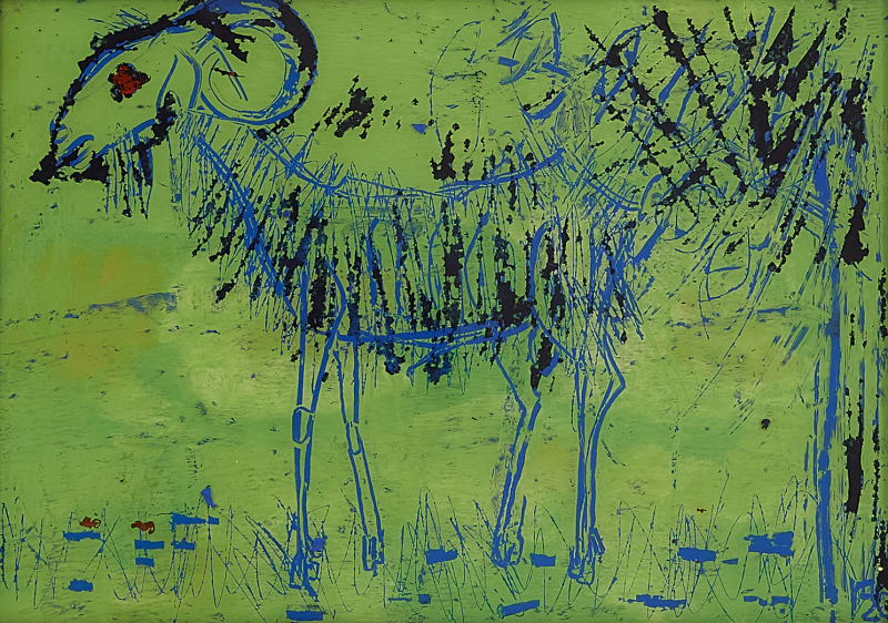 Goat | hinter Glas | Rolant de Beer Mixed Media hinter Glas 21x29,7cm gerahmt Alu-Silber-glänzend