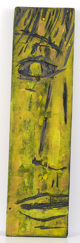 "Face No.1" 2025 | painted woodcut | Rolant de Beer ca.102x26cm | in Holz eingearbeitete Gesichter Holztafeln und Farbe