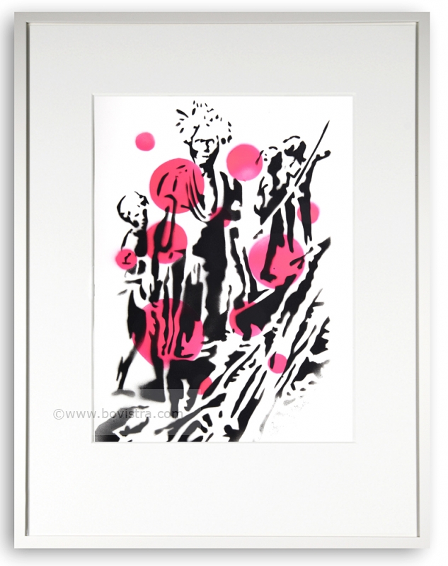 "Neumecklenburg, Männer mit Boot, 11.06.2019" | Zeichnung | 2019 | Martin von Ostrowski Sprühlack auf Papier | 42 x 29,7 cm gerahmt mit Passepartout und Holzrahmen