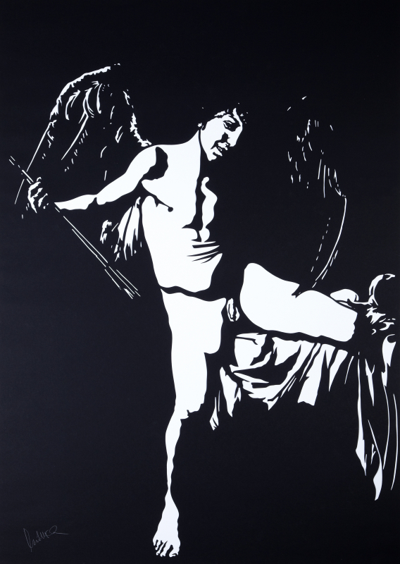 "Amor - Caravaggio" 100x70 |  Scherenschnitt | Wolfgang Müller im schwarzen Holzrahmen Auflage
