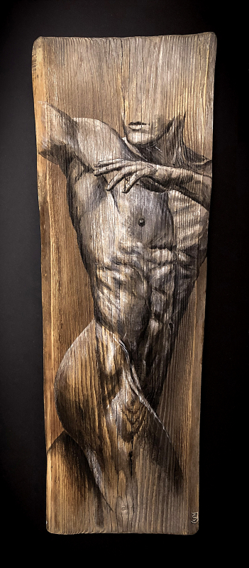 Holzbild 1 | Masculine 2020 | Joachim Strölingemalt auf "alten" Holzpanelen ca 80x30cm montiert auf schwarzgrauen MDF-Platten 96x42cm