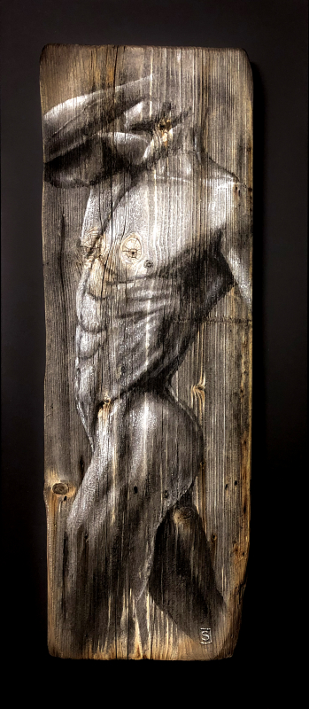 Holzbild 2 | Masculine 2020 | Joachim Strölin gemalt auf "alten" Holzpanelen ca.80x28cm montiert auf schwarzgrauen MDF-Platten 96x42cm