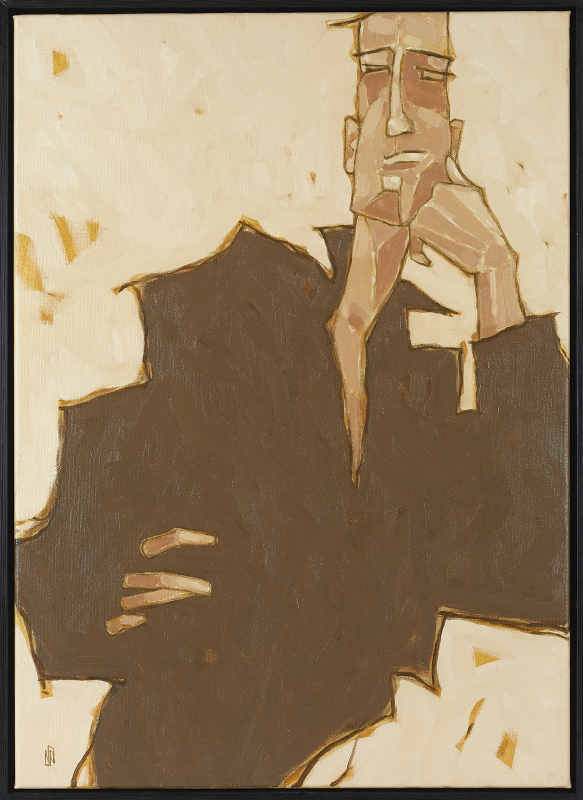 Think it through | Nathan Richardson | Öl auf Leinwand 70x50 mit schwarzem Schattenfugenrahmen aus Holz
