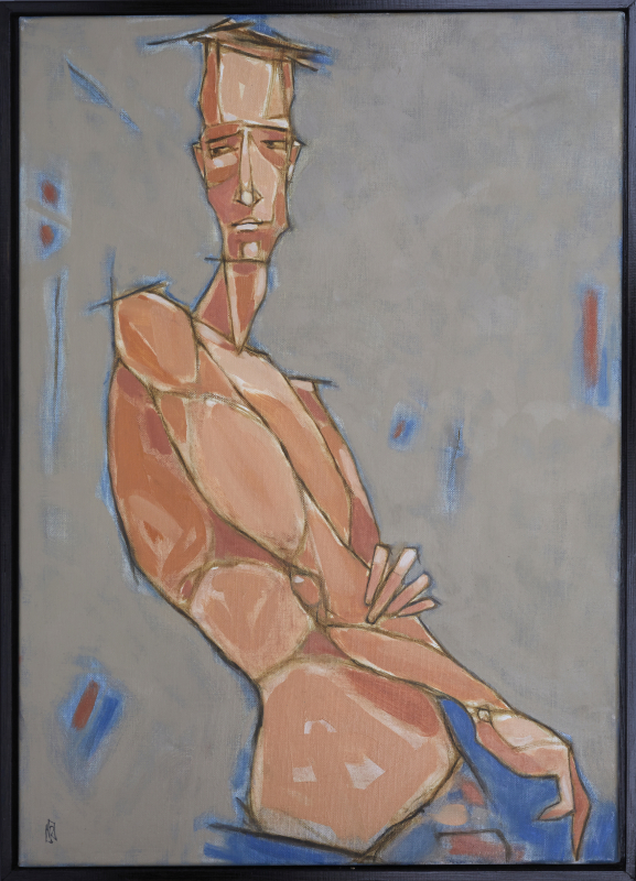 Man without shirt 2021 | Nathan Richardson | Öl auf Leinwand 70x50 cm mit schwarzem Schattenfugenrahmen aus Holz