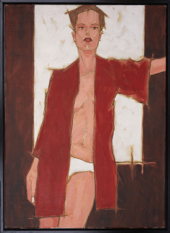 Woman in Red Shirt  2021 | Nathan Richardson | Öl auf Leinwand 70x50 mit schwarzem Schattenfugenrahmen aus Holz