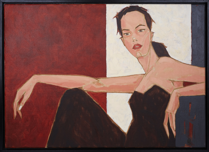 Woman relaxed 2022 | Nathan Richardson | Öl auf Leinwand 50x70 mit schwarzem Schattenfugenrahmen aus Holz